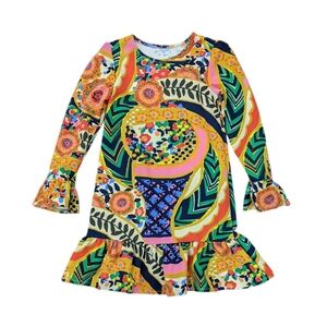 Lands' End Paisley Floral Flowet Colorful Mustard Navy Long Sleeve Dress Tunic 6